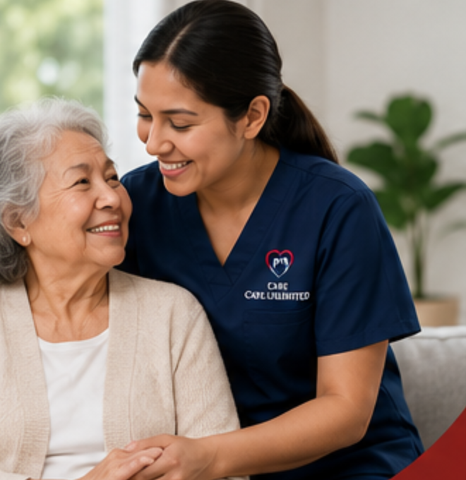Caregiver embracing an elderly client at home