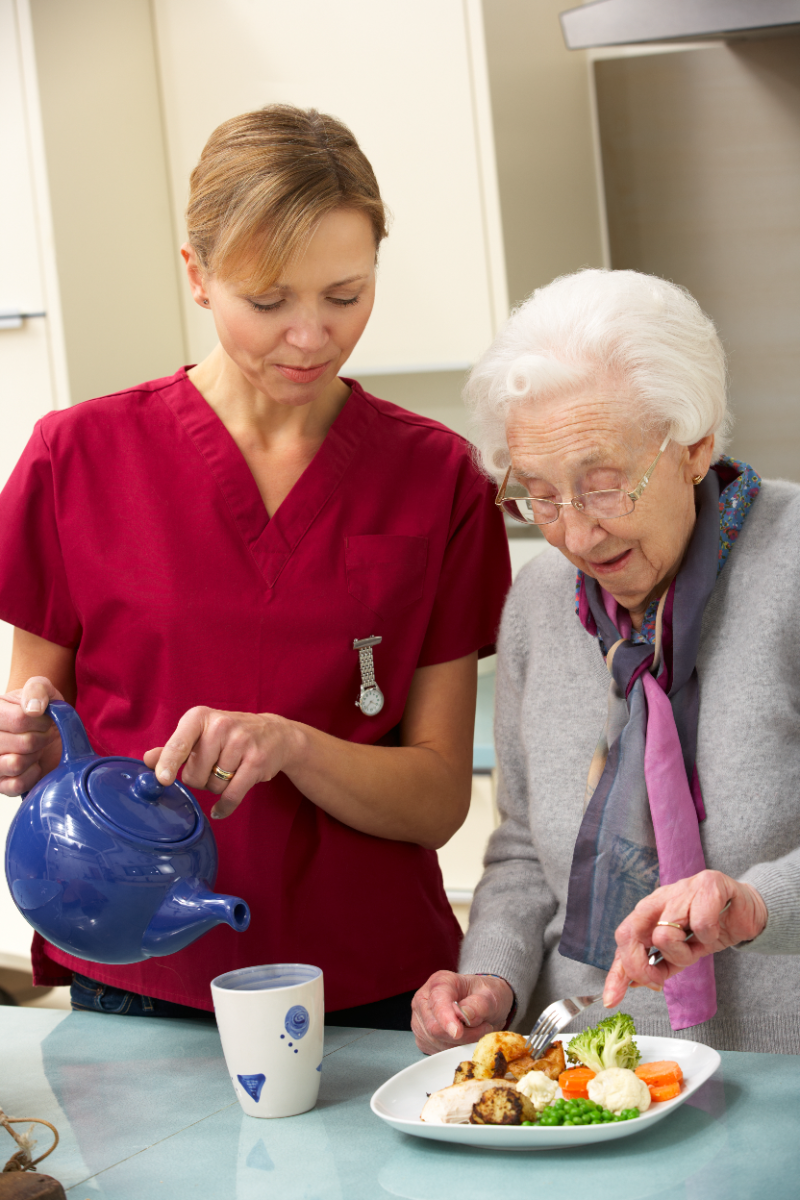 Caregiver serving a meal and pouring tea for an older woman in her kitchen at home